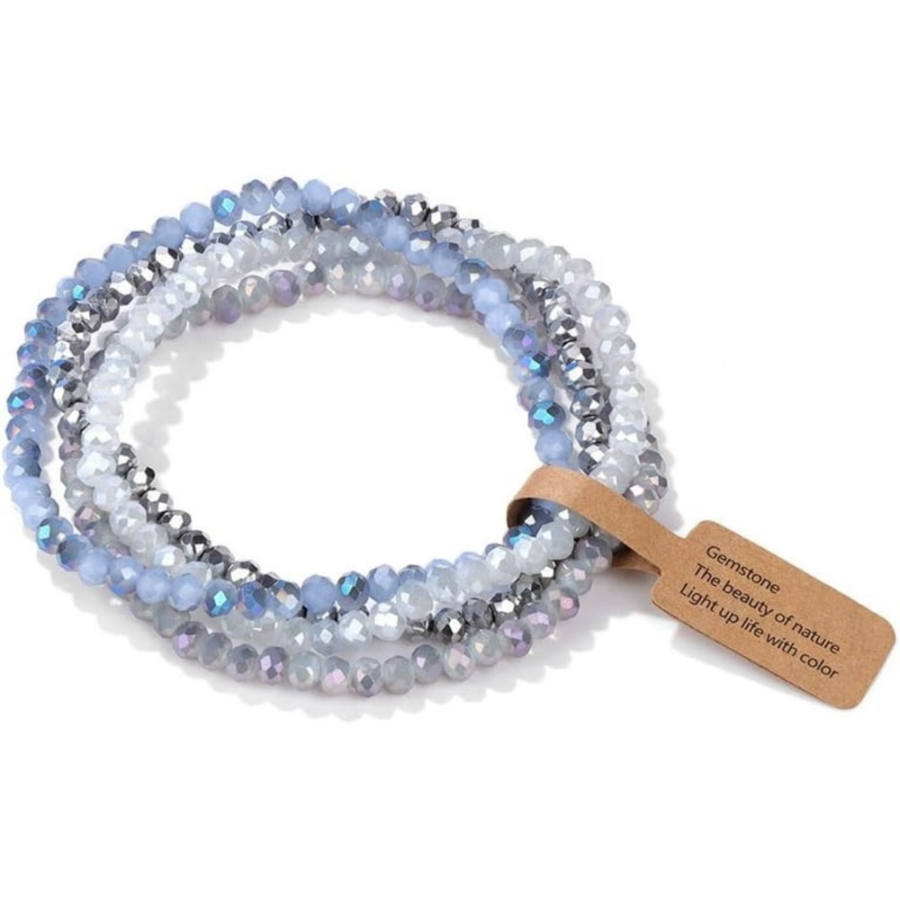 NEW Faceted Rondelle Glass Stretch Bracelets Set Sky Blue 7-1/2 inch(19cm) 4 ct